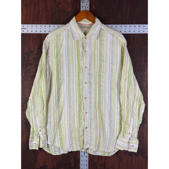 Tommy Bahamas Multi Striped Pattern Button Up Linen Blend Vacation Shirt Large - Picture 2 of 9